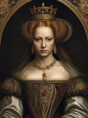 Create an image of a queen who exudes a creepy allure. Her expre...