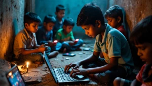 “Inside a small dimly lit room in a slum, a teenage Indian boy s...