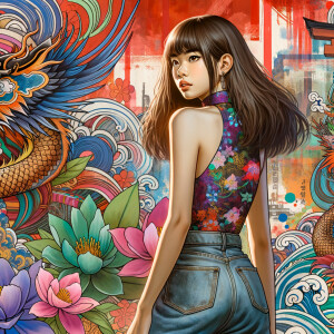 Attractive, Asian teenage girl, long brown hair and bangs, wearing tight skinny jeans and a halter top paint marks on her clothing, backside view heroic pose Asian graffiti