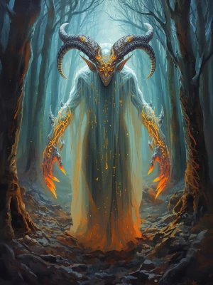 In the eerie glow of an ancient forest, a mystical augmented dra...