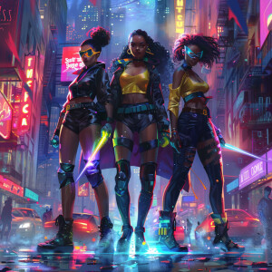 Create a vivid scene featuring the superhero trio of Asha, Nia,...
