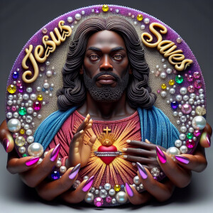 A 3D realistic artwork featuring the phrase 'Jesus Saves' adorne...