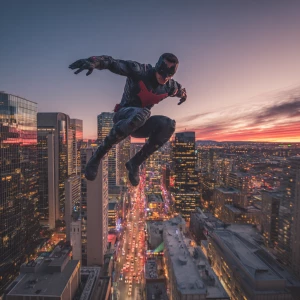 [main subject]

A man in a modern, sleek superhero costume, with...