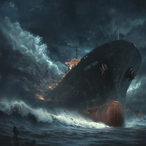 Surreal, dreamlike image: a massive cargo ship battling towering...