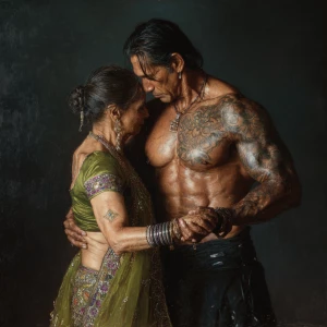 Hyperrealism oil painting.a muscular beefy tattoed gujarati swea...