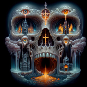 surreal double exposure of a transparent Dracula and Frankenstei...