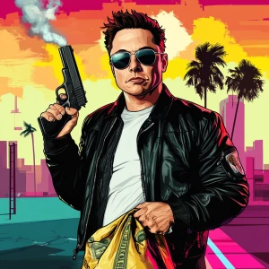 Elon Musk in GTA art style - wearing a torn tactical suit, holdi...