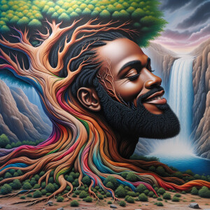 A hyper-realistic 3-D oil painting depicting a tree integrated w...