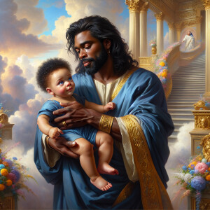 Classical oil painting style depicting an African-American Jesus...