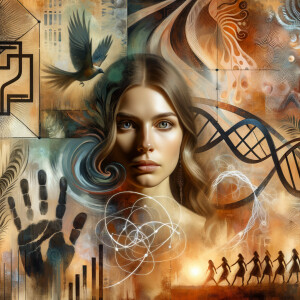 asian and Egyptian  graffiti, lie detector graphs, cardio, printout , branches infinity sign, cave, Art, handprints, distant birds flying, flowering vines, abstract, painting, Vortex, molecules, dna