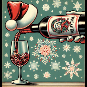 A wine bottle wearing a Santa hat, pouring into a glass with sno...
