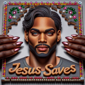 A 3D realistic artwork featuring the phrase 'Jesus Saves' adorne...