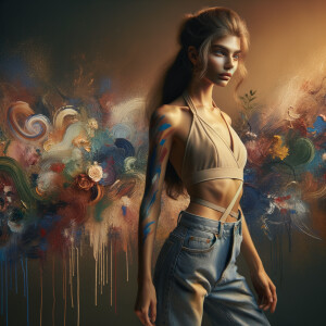 Sexy, Asian teen girl wearing skin tight jeans and a halter top long hair and bangs paint marks on her clothing, graffiti background heroic pose side view