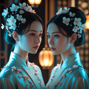 A study in mirrored elegance, two figures emerge from a realm of...