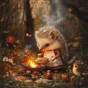 A hedgehog in an apron, making pancakes on an open fire. She has...