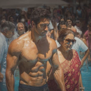 hyperrealism painting,a muscular beefy kashmiri son in law walki...