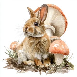 Rabbit under mushroom, watercolor, white background