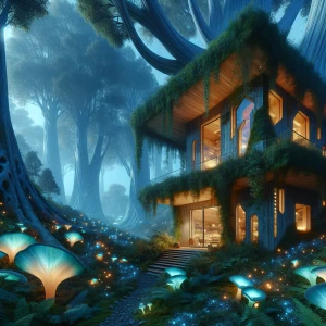 Bio-luminescent house, organic architecture, glowing windows shifting colors with its moods, nestled in a fantastical forest.