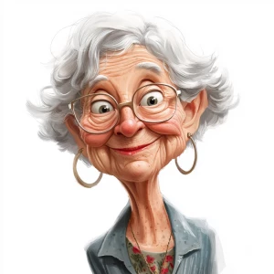 Generate a caricature illustration of an elderly woman, emphasiz...