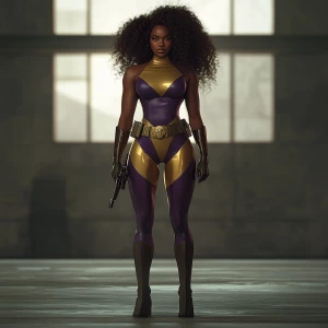 A wide camera angle of a superheroine that stands with commandin...