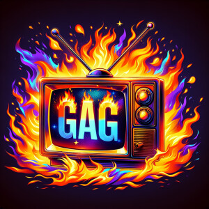 Tube TV with the word “GAG” on the screen on fire cartoon logo