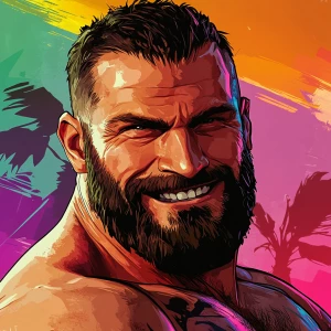 White muscular thin man with beard, big chin, smile and cheekbon...