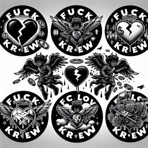 Create 10 
Circular logos for 'FUCK LOVE KREW' with  black, brok...