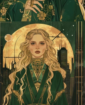 Alphonse Mucha–inspired Art Deco manga fusion portrait of a rega...