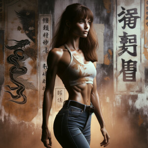 Athletic Thin skinny Attractive, Asian teenage girl, long brown hair and bangs, wearing tight skinny jeans and a halter top paint marks on her clothing, heroic pose Asian graffiti background, side view