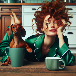 A whimsical funny pretty woman with shaggy curly red hair wearin...
