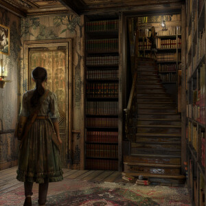 AI Image: Sarah discovering a hidden door behind an old bookshel...