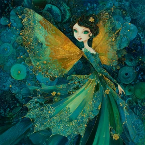 An enchantingly eccentric fairy, her golden wings shimmering wit...
