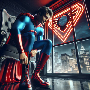 Create a hyperdetailed photorealistic of close-up Superman sitti...