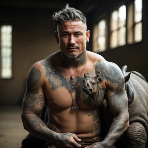 Tattooed Man without shirts riding a rhinoceros