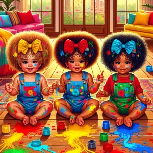 a highly detailed vibrant digital illustration of three adorable...