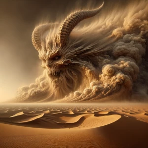 A massive sandstorm twisting into the form of a mythical desert...