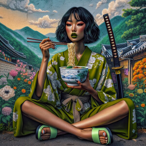 Street art: Korean scene landscape sitting with her legs crossed...