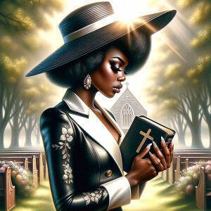 Render an airbrush oil painting of an African American woman with flawless makeup in a
contemplative pose, holding a Bible close to her heart, dressed in an elegant Sunday Best
outfit with a distinctive Church Hat. The background features a peaceful church garden,
with light filtering through the trees, highlighting her spiritual connection and the personal
moment of reflection. The artwork should capture the tranquility of the scene, the beauty
of her attire, and the depth of her contemplation, reflecting a serene and spiritually