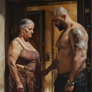 Hyperrealism .A sweaty beefy man entering with his 54 year old...