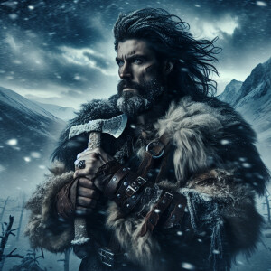 a black-haired Viking barbarian with an icy ax in the frost,
war...