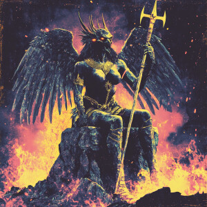 A realistic digital portrait of a fierce harpy queen, featuring...