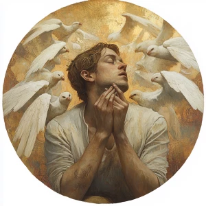 A depiction of ethereal angels surrounding a person, whispering...