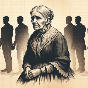 A sad old woman from the 1800s, she is wear the typical clothing...