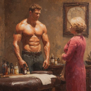 Hyperrealistic art,. a muscular Russian man in his beach hotel r...