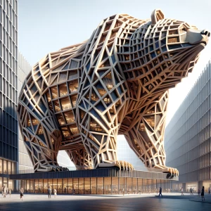 Create a 3D image of a building designed in the shape of a Grizz...