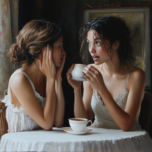 Craft a realistic image of two women intimately sharing a secret...