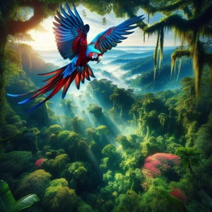 Colorful parrot flying over a jungle