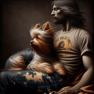 Textured, airbrushed image of a scruffy yorkie dog with long win...