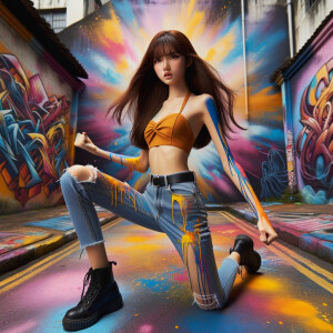 teenage girl, long brown hair and bangs, wearing tight skinny jeans and a halter top paint marks on her clothing, heroic pose Asian graffiti background, nearing on one knee