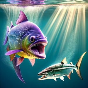 Purple lime piranha no teeth playing with a barracuda